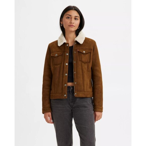 Levis Brown Sherpa-Lined Womens. Trucker Jacket With Snap Buttons  Size M - Picture 1 of 16
